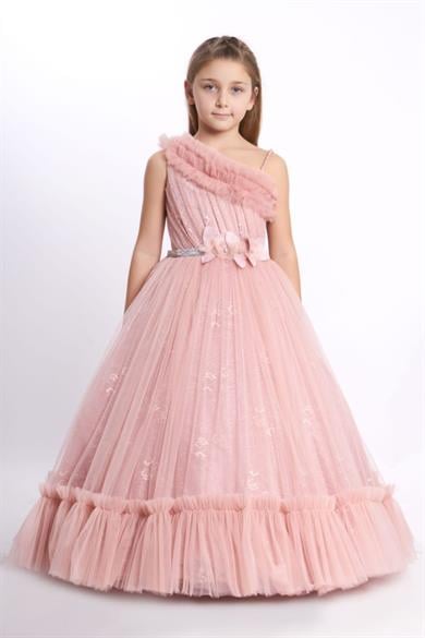 Kanila Kız Çocuk Tek Omuz Çiçek Detaylı Tarlatanlı Gelinlik 2216 Pudra