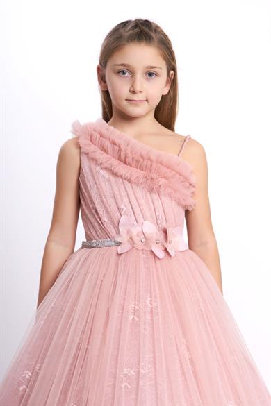 Kanila Kız Çocuk Tek Omuz Çiçek Detaylı Tarlatanlı Gelinlik 2216 Pudra