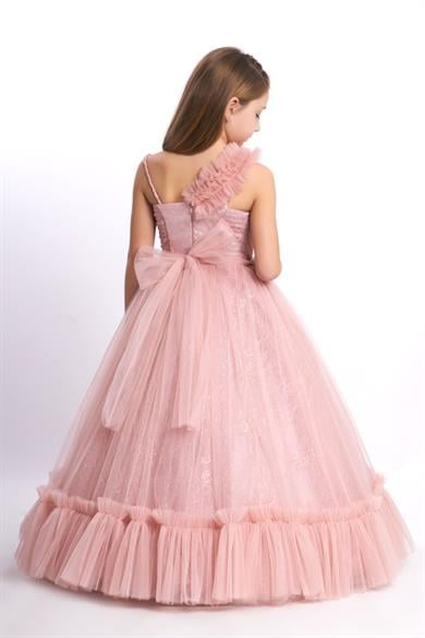 Kanila Kız Çocuk Tek Omuz Çiçek Detaylı Tarlatanlı Gelinlik 2216 Pudra