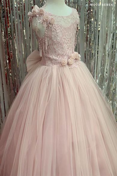 Kanilla Kız Çocuk Tarlatanlı Üç Boyut Gül Aksesuar Gelinlik 2144 Pudra