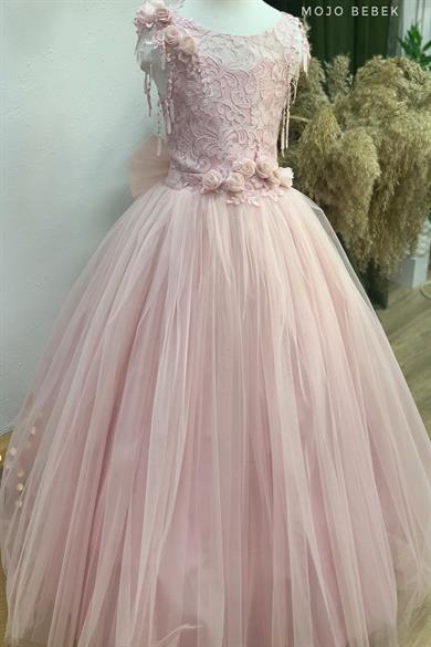 Kanilla Kız Çocuk Tarlatanlı Üç Boyut Gül Aksesuar Gelinlik 2144 Pudra