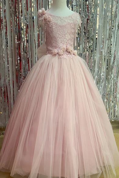 Kanilla Kız Çocuk Tarlatanlı Üç Boyut Gül Aksesuar Gelinlik 2144 Pudra