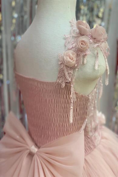 Kanilla Kız Çocuk Tarlatanlı Üç Boyut Gül Aksesuar Gelinlik 2144 Pudra