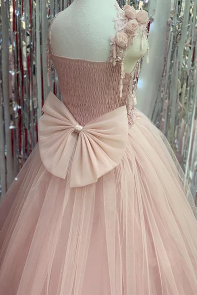 Kanilla Kız Çocuk Tarlatanlı Üç Boyut Gül Aksesuar Gelinlik 2144 Pudra