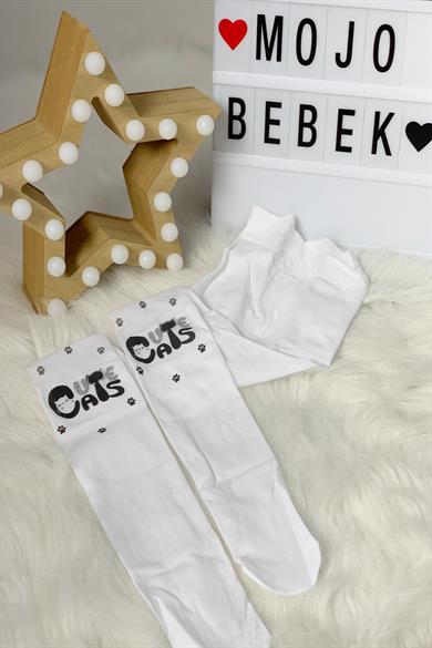 Katamino Kız Çocuk Cute Cats Baskılı İnce Külotlu Çorap K60134 Beyaz