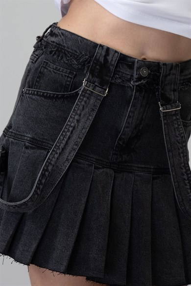 Loco Loco Kız Çocuk 8-15 Yaş Askılı Piliseli Denim  Etek Gri