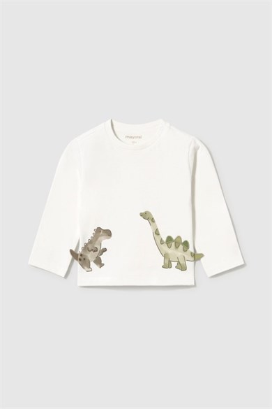 Mayoral Erkek Bebek 1-4 Yaş Dinazor Desenli Uzunkol T-shirt Krem