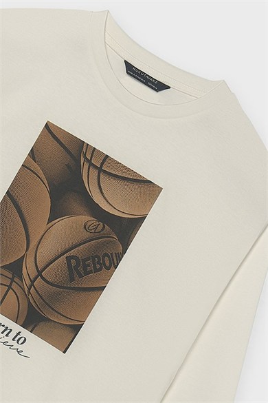 Mayoral Erkek Çocuk 10-16 Yaş Basketbol Desenli Uzunkol T-shirt Ekru