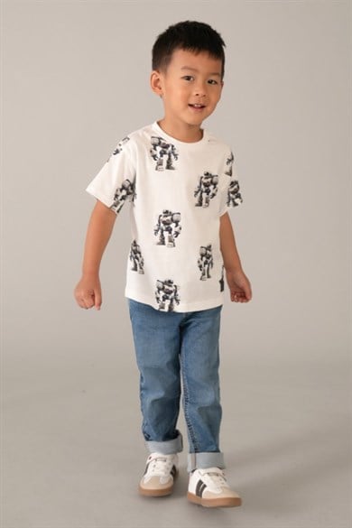 Mayoral Erkek Çocuk 2-9 Yaş Robot Desenli Kısa Kol T-Shirt Beyaz