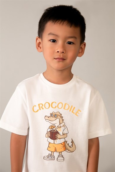 Mayoral Erkek Çocuk 3-9 Yaş Crocodile Desenli Kısa Kol T-Shirt Ekru