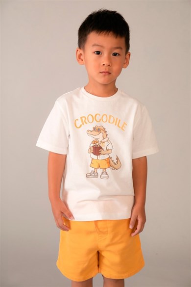 Mayoral Erkek Çocuk 3-9 Yaş Crocodile Desenli Kısa Kol T-Shirt Ekru