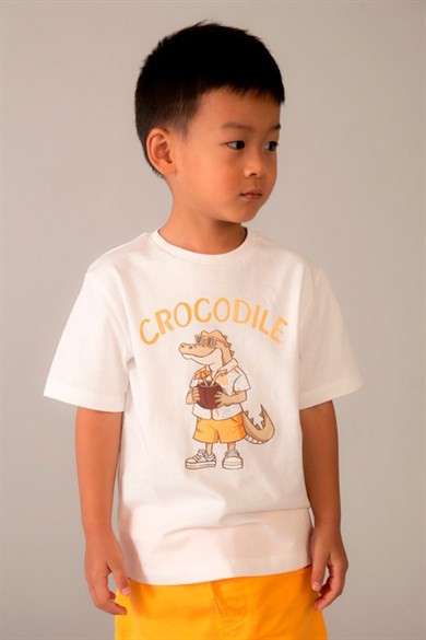 Mayoral Erkek Çocuk 3-9 Yaş Crocodile Desenli Kısa Kol T-Shirt Ekru