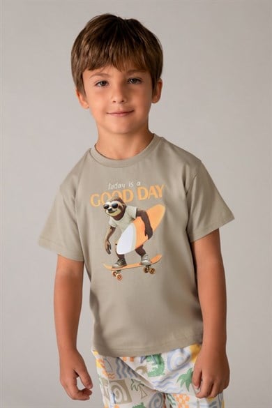 Mayoral Erkek Çocuk 3-9 Yaş Desenli Kısa Kol T-Shirt Taş Rengi