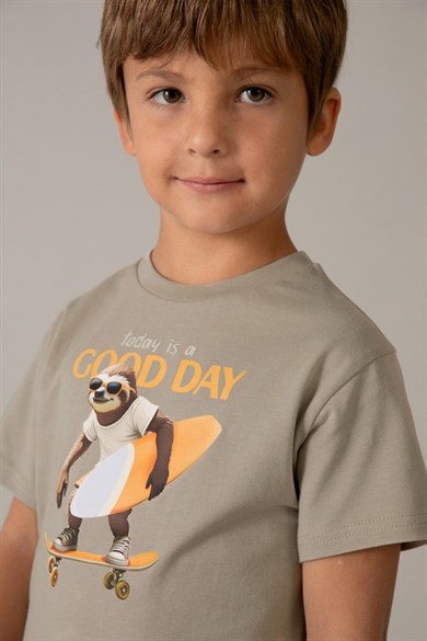 Mayoral Erkek Çocuk 3-9 Yaş Desenli Kısa Kol T-Shirt Taş Rengi