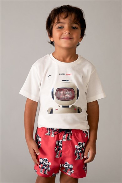 Mayoral Erkek Çocuk 3-9 Yaş Robot Desenli Kısa Kol T-Shirt Beyaz