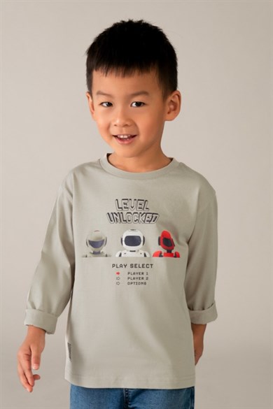 Mayoral Erkek Çocuk 3-9 Yaş Robot Desenli Uzunkol T-Shirt Taş Rengi