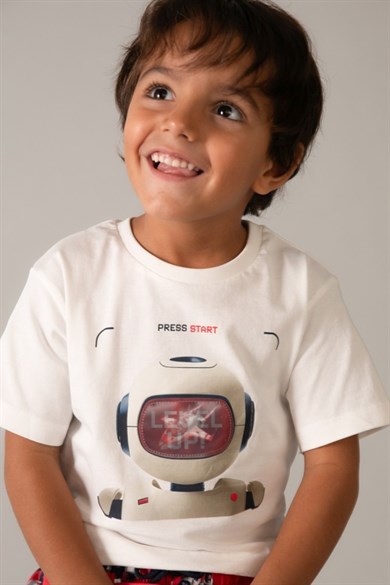 Mayoral Erkek Çocuk 3-9 Yaş Robot Desenli Kısa Kol T-Shirt Beyaz