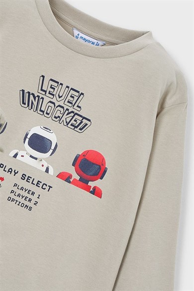 Mayoral Erkek Çocuk 3-9 Yaş Robot Desenli Uzunkol T-Shirt Taş Rengi