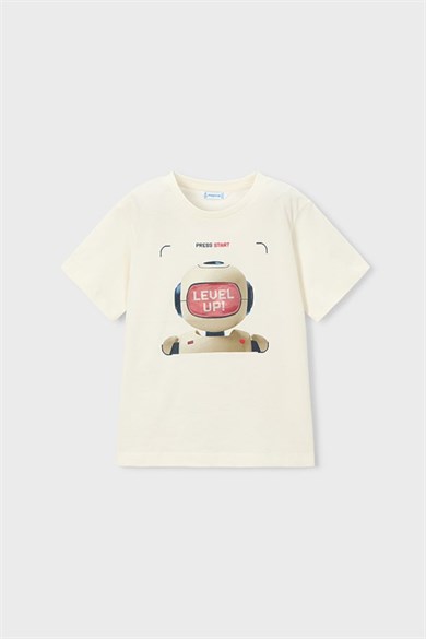Mayoral Erkek Çocuk 3-9 Yaş Robot Desenli Kısa Kol T-Shirt Beyaz