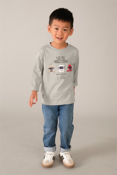 Mayoral Erkek Çocuk 3-9 Yaş Robot Desenli Uzunkol T-Shirt Taş Rengi