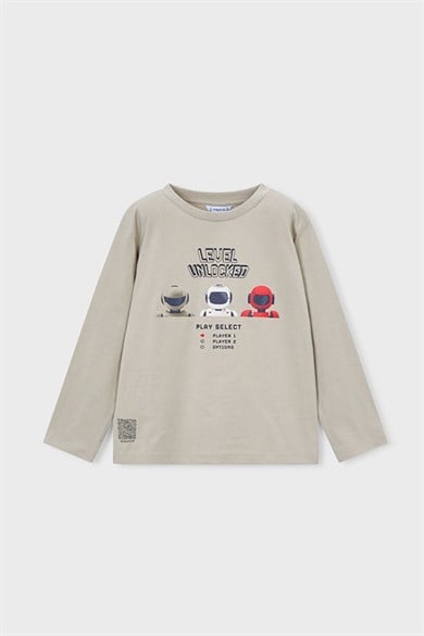 Mayoral Erkek Çocuk 3-9 Yaş Robot Desenli Uzunkol T-Shirt Taş Rengi