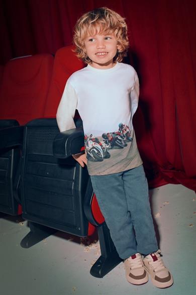 Mayoral Erkek Çocuk 4-9 Yaş Motosiklet Desenli Uzun Kol T-shirt Ekru