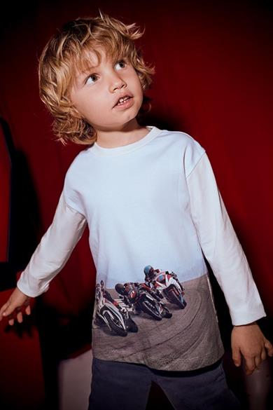 Mayoral Erkek Çocuk 4-9 Yaş Motosiklet Desenli Uzun Kol T-shirt Ekru