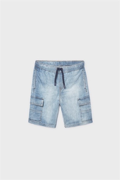 Mayoral Erkek Çocuk 8-16 Yaş Bel Lastikli Kargo Cep Denim Şort Kot Mavi