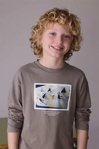 Mayoral Erkek Çocuk 8-18 Yaş Baskılı Uzun Kol T-shirt Vizon