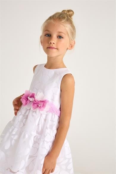 Mayoral Kız Çocuk 2-8 Yaş Desenli Çiçek Kemerli Elbise 3918 Beyaz