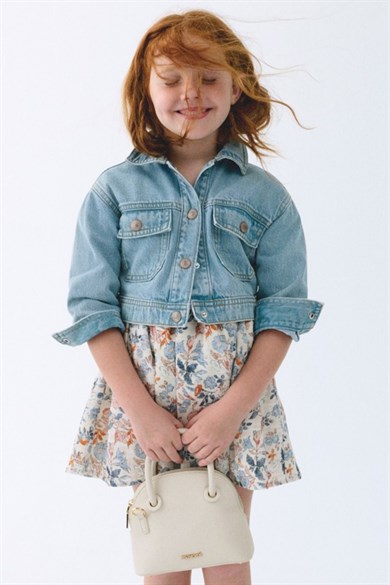 Mayoral Kız Çocuk 3-9 Yaş Eskitme Crop Denim Ceket Kot Mavi