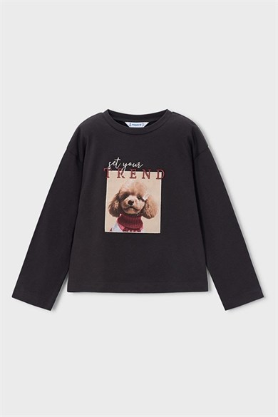 Mayoral Kız Çocuk 3-9 Yaş İşlemeli Mevsimlik Uzunkol T-Shirt Antrasit