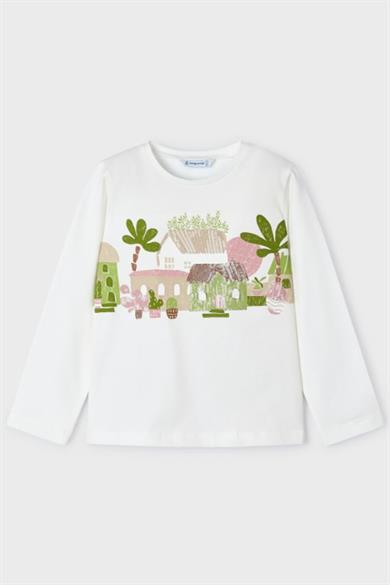 Mayoral Kız Çocuk 3-9 Yaş İşlemeli Uzun Kol T-shirt 3093 Krem
