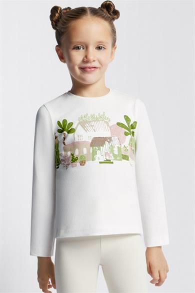 Mayoral Kız Çocuk 3-9 Yaş İşlemeli Uzun Kol T-shirt 3093 Krem