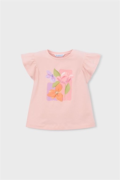 Mayoral Kız Çocuk 3-9 Yaş Kabartma Desenli Kısa Kol T-Shirt Pudra
