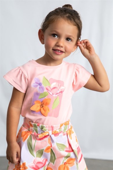 Mayoral Kız Çocuk 3-9 Yaş Kabartma Desenli Kısa Kol T-Shirt Pudra