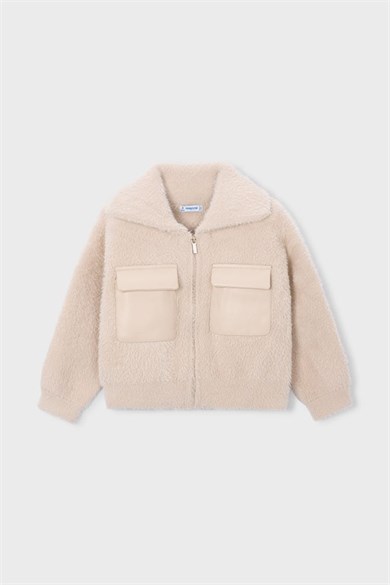 Mayoral Kız Çocuk 3-9 Yaş Peluş Cep Detaylı Crop Hırka Krem