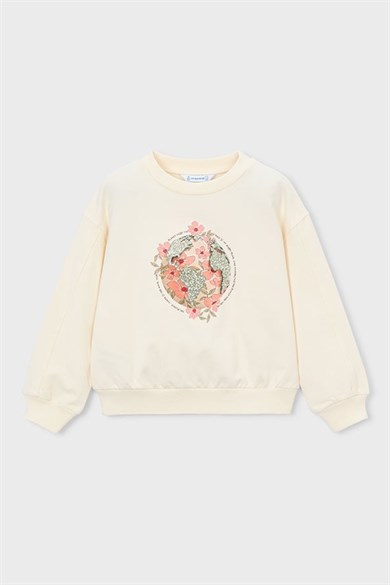 Mayoral Kız Çocuk 4-9 Yaş Çiçek Desenli Mevsimlik Sweatshirt Krem