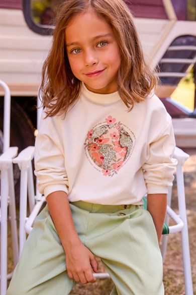 Mayoral Kız Çocuk 4-9 Yaş Çiçek Desenli Mevsimlik Sweatshirt Krem