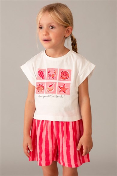 Mayoral Kız Çocuk 4-9 Yaş Desenli T-Shirt-Şort İkili Takım Ekru