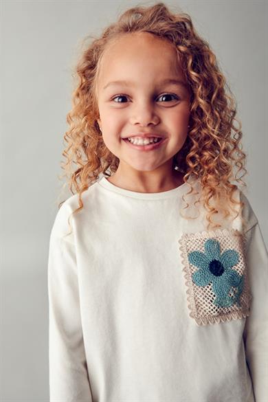 Mayoral Kız Çocuk 4-9 Yaş Fisto İşlemeli Uzun Kol T-shirt Krem