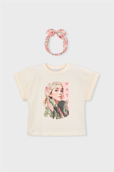Mayoral Kız Çocuk 4-9 Yaş Saç Bantlı Kısa Kol T-Shirt Krem