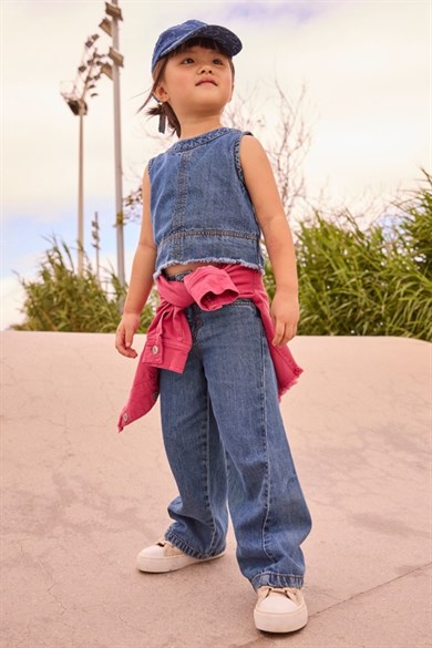 Mayoral Kız Çocuk 4-9 Yaş Wide Leg Yan Dikiş Detaylı Denim Pantolon Kot Mavi
