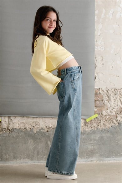 Mayoral Kız Çocuk 8-18 Yaş Yan Dikişli Bol Paça Denim Pantolon Kot Mavi