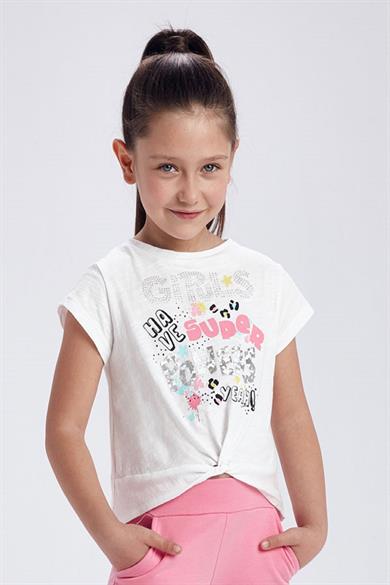 Mayoral Kız Çocuk Yazılı Kısa Kol T-shirt 3077 Beyaz
