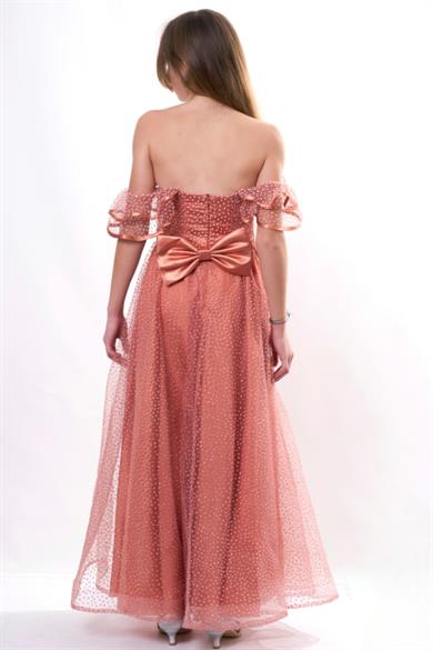 Milo Kız Çocuk Fırfırlı Kol Köpük Sim Uzun Abiye Elbise 5682 Kiremit