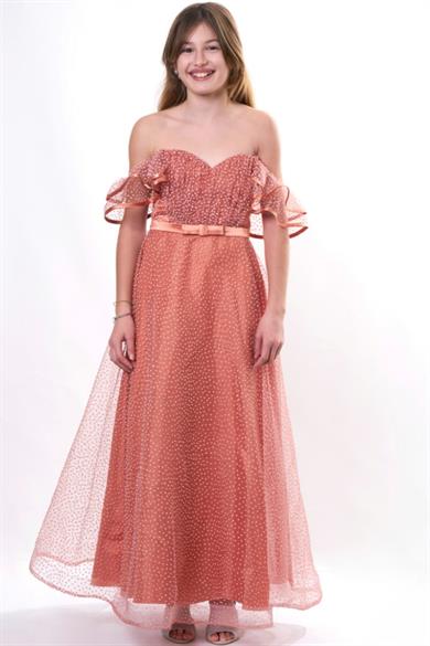 Milo Kız Çocuk Fırfırlı Kol Köpük Sim Uzun Abiye Elbise 5682 Kiremit