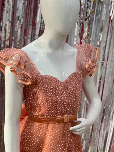 Milo Kız Çocuk Fırfırlı Kol Köpük Sim Uzun Abiye Elbise 5682 Kiremit