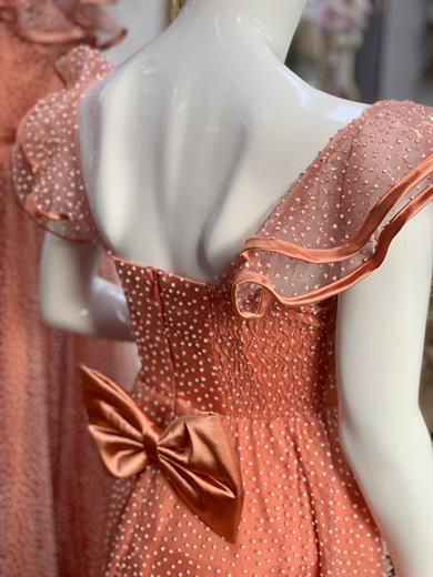 Milo Kız Çocuk Fırfırlı Kol Köpük Sim Uzun Abiye Elbise 5682 Kiremit