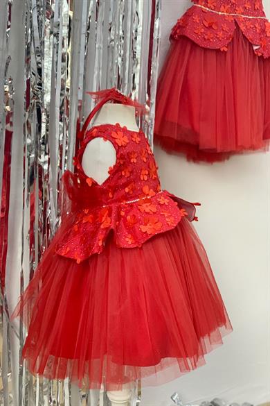 Milo Kız Çocuk Papatyalı Dantelli Abiye Elbise 5156 Kırmızı